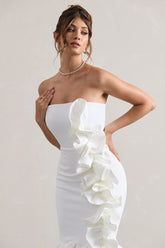 Cream Bandeau Ruffle Midi Dress